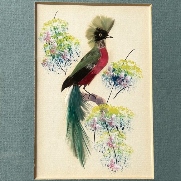 Vintage Mexican Feather Folk Art 3 Exotic Birds Matted Wood Frame 16" x 9.75" - Picture 4 of 10